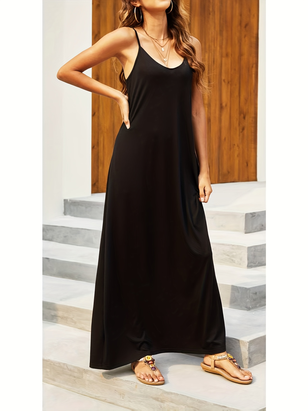 Long Spaghetti Strap Dress Casual Women's Black Spaghetti Strap