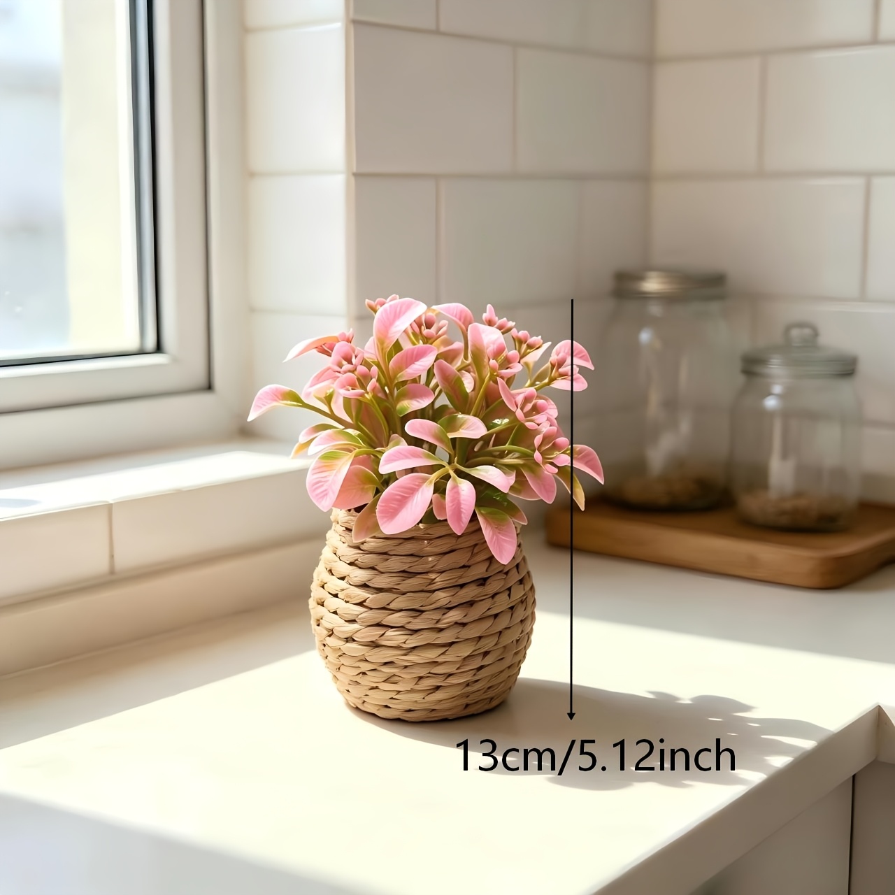 TEMU 1pc Artificial Rattan Woven Pot With Simulation Flowers, Low-maintenance Desktop Floral Arrangement, Nordic- Decor, Simulated Plant And Flower