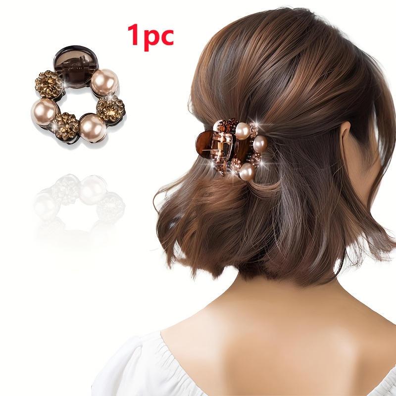 Image of 1pc New Luxury Sparkling Rhinestone Round Acrylic Small Hair Clip, Women's Elegant Round Bead Small Hair Clip, Shark Clip, Suitable For Daily And Holiday Wear