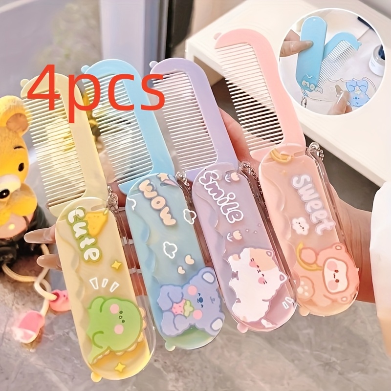 TEMU 4-pack Cute Cartoon Folding Comb With Mirror-travel Size, Abs Plastic Handle, Plastic Brush, Suitable For Ordinary Hair, Small Comb Choice,