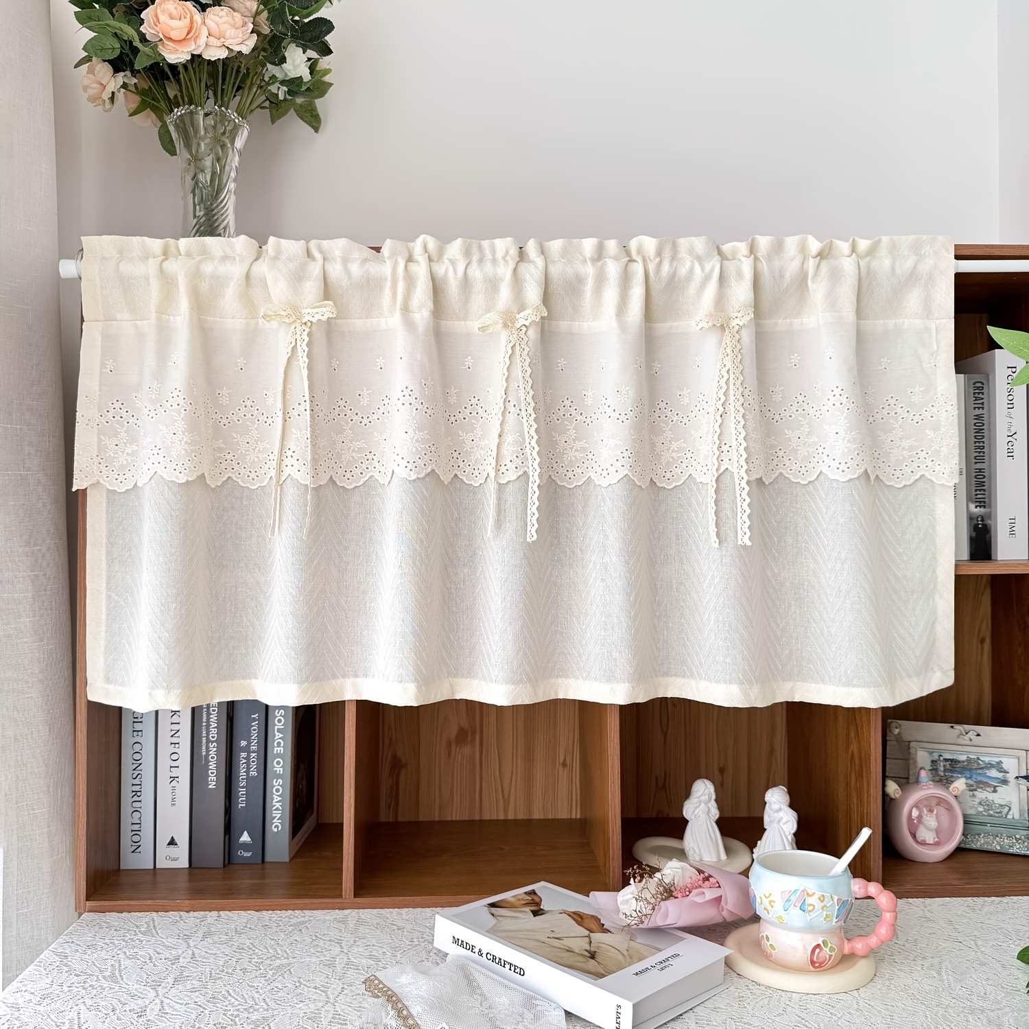 Image of 1pc Gxi French Country Curtain With Rhombus Bow & Beige Jacquard Fabric - Semi-sheer Window Drapery Suitable For Kitchen, Cottage, Farmhouse - Low-iron Care, Design, (french Style)