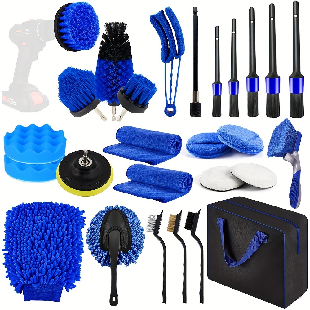 TEMU Wildpark 27pcs Universal Auto Detailing Brush Set With Storage Bag - Car Cleaning Kit For Interior, Exterior, Wheels - Interior Detailing Kit