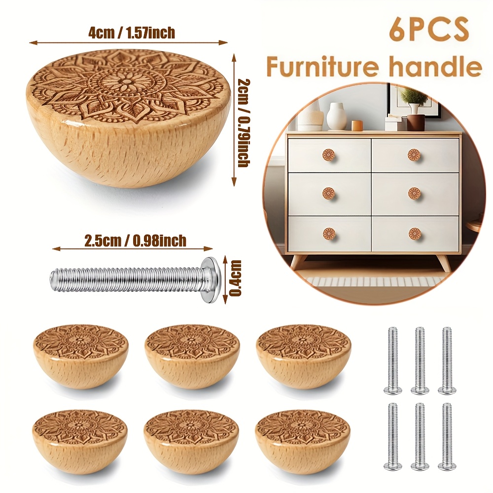 

6pcs Wood Bowl Shaped Handles, Engraved , , Pulls For Dressers, Cabinets, Kitchen, Furniture Decoration