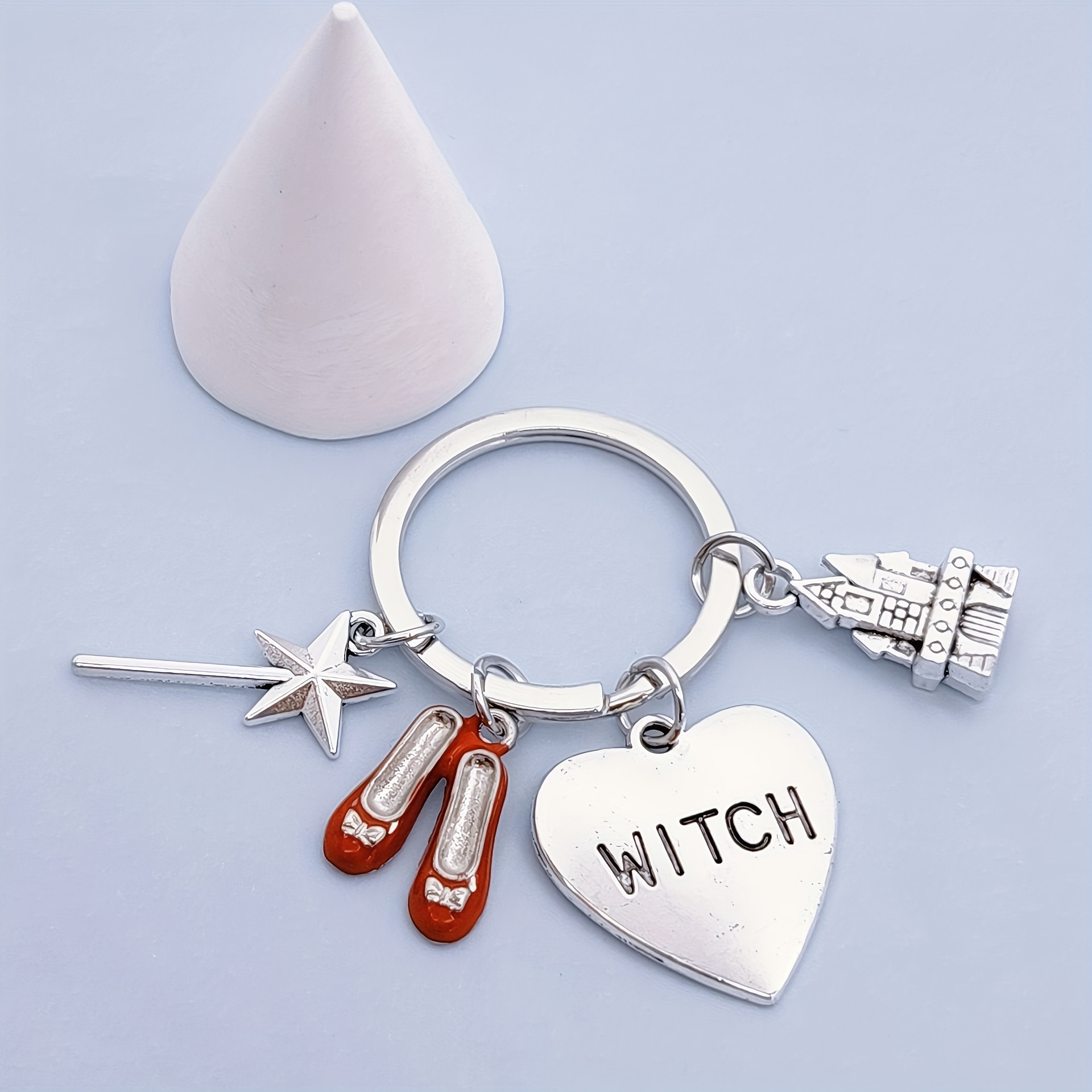 

1pc Theme Keychain With Red Shoes, Magic Wand, Castle, And Heart Charms - Zinc Alloy Keyring For Backpacks And Accessories, For Halloween