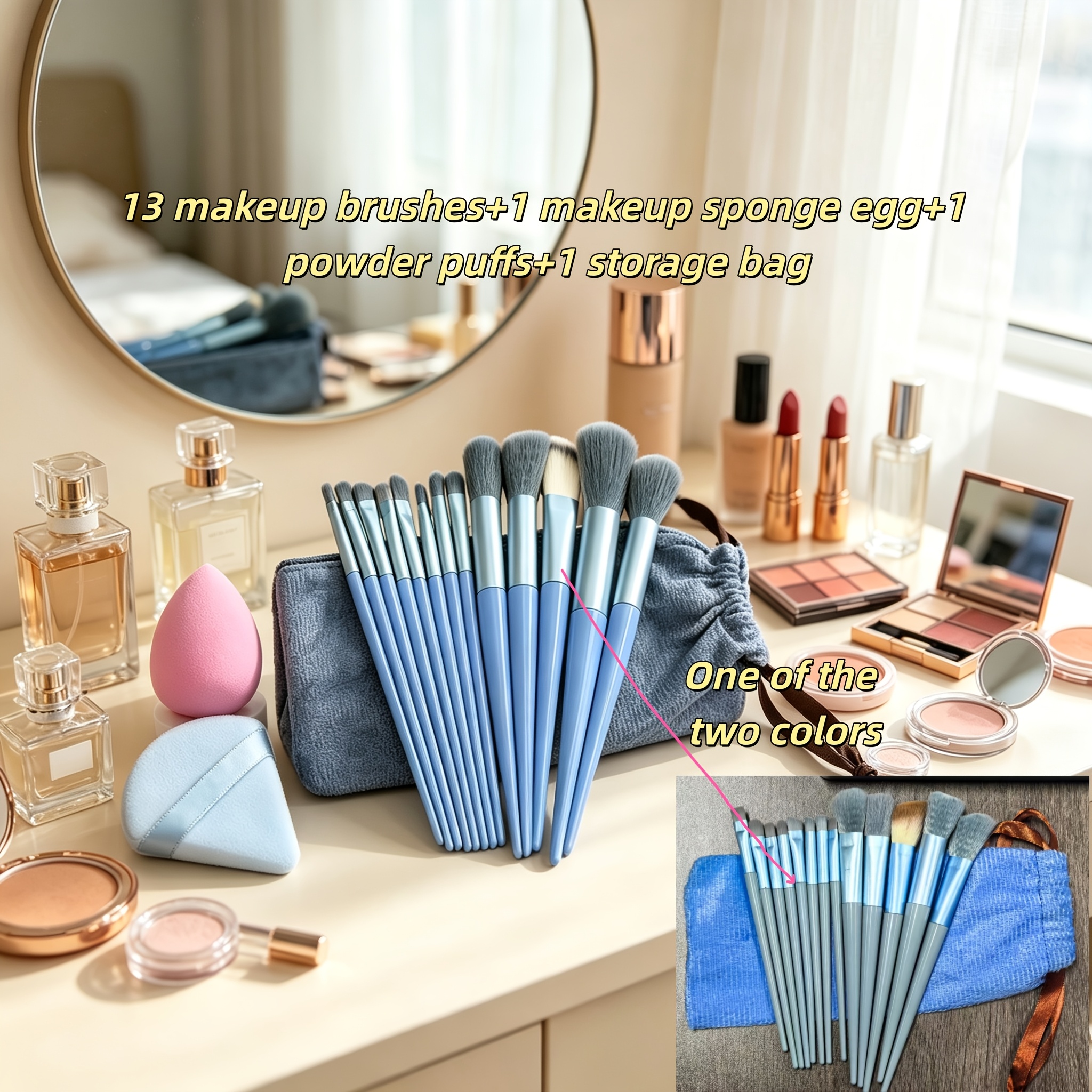 TEMU Set de Brochas de Maquillaje Profesional con 13 Brochas, 1 Borla, 1 Esponja de Belleza y 1 Bolsa de Almacenamiento, Cerdas Sintéticas Suaves,