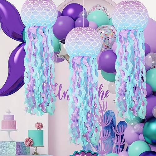3pcs set mermaid 8inch paper lantern mermaid party decorations jellyfish paper lanterns with string and hookshanging jelly fish lantern for mermaid birthday ocean decorations