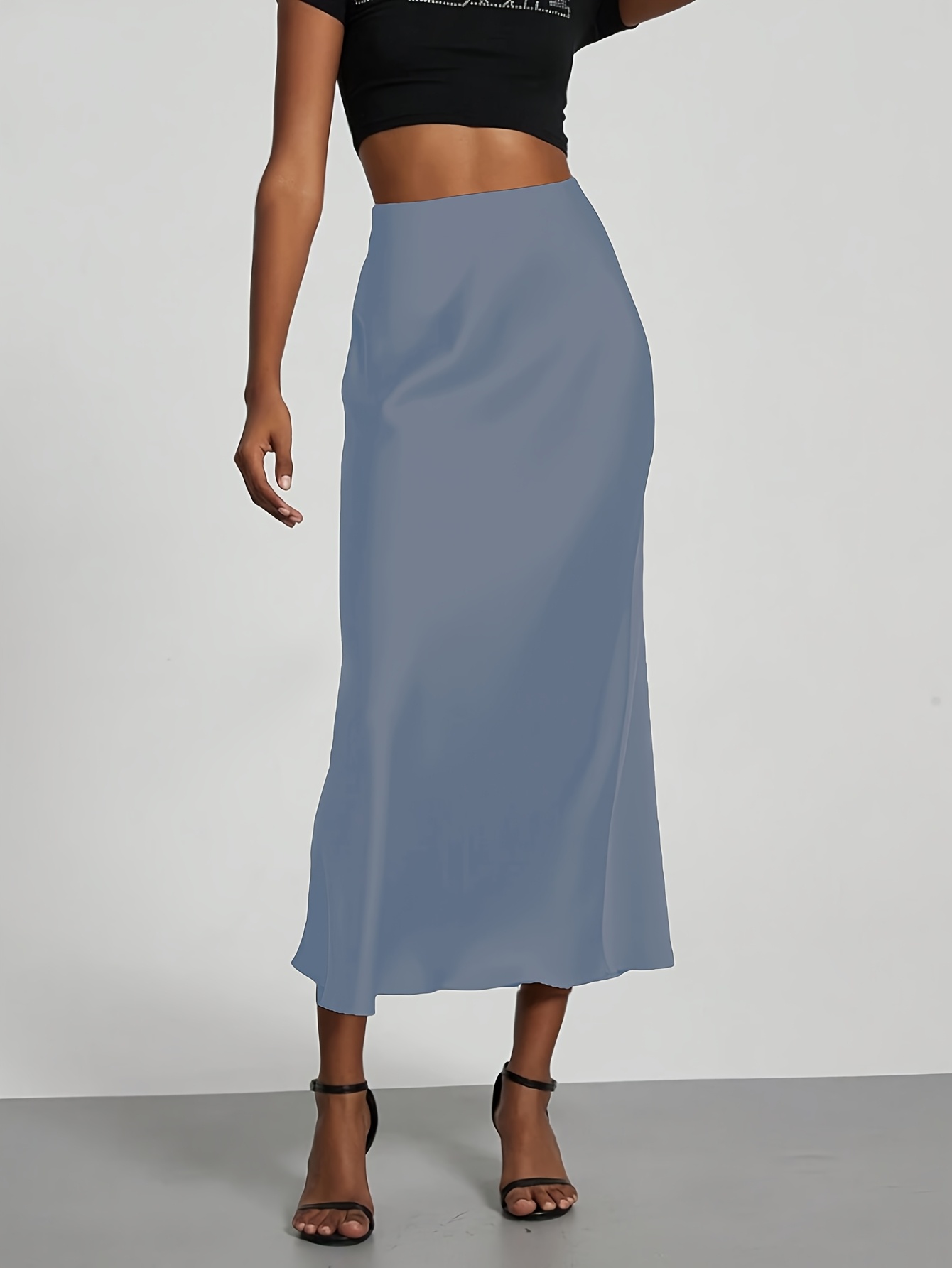 우아한 디렉셔널 여성용 솔리드 컬러 스트레치 새틴 미디 스커트