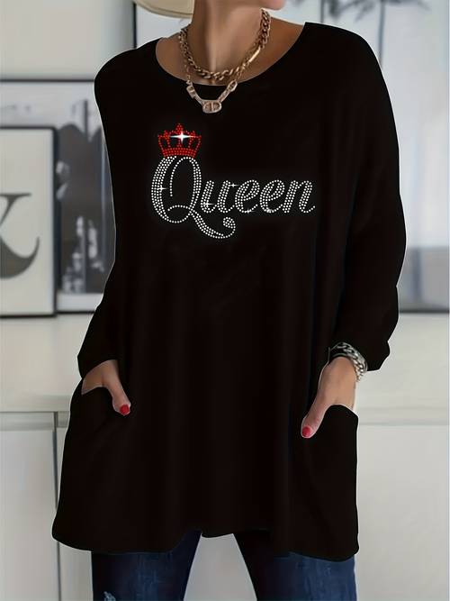 grote maten, casual t-shirt met lange mouwen voor dames in grote maten - dames top met kroonpatroon en strass-steentjes, zijzakken, rekbare stof en ronde hals, comfortabel voor alle seizoenen en machinewasbaar, veelzijdig, stijlvol en , glanzende letters en strass-versieringen, rekbare