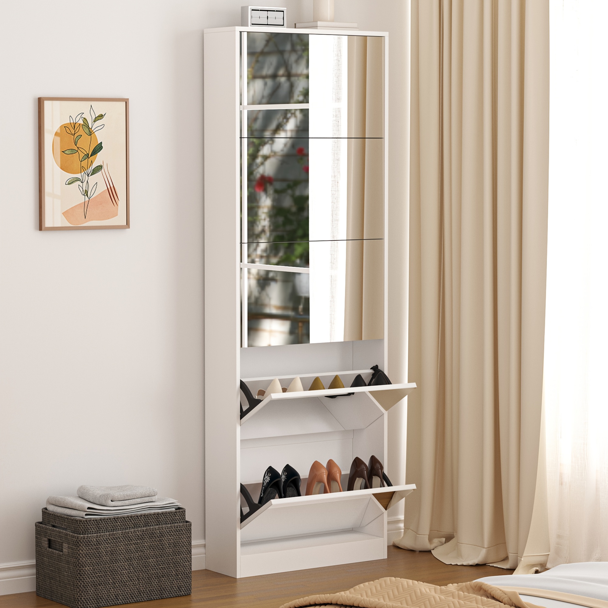 TEMU Organizedlife 1 Set Modern Shoe Cabinet With Full Length Mirror, Freestanding Shoe Rack Storage Organizer With 5 Flip Drawers For Entryway,