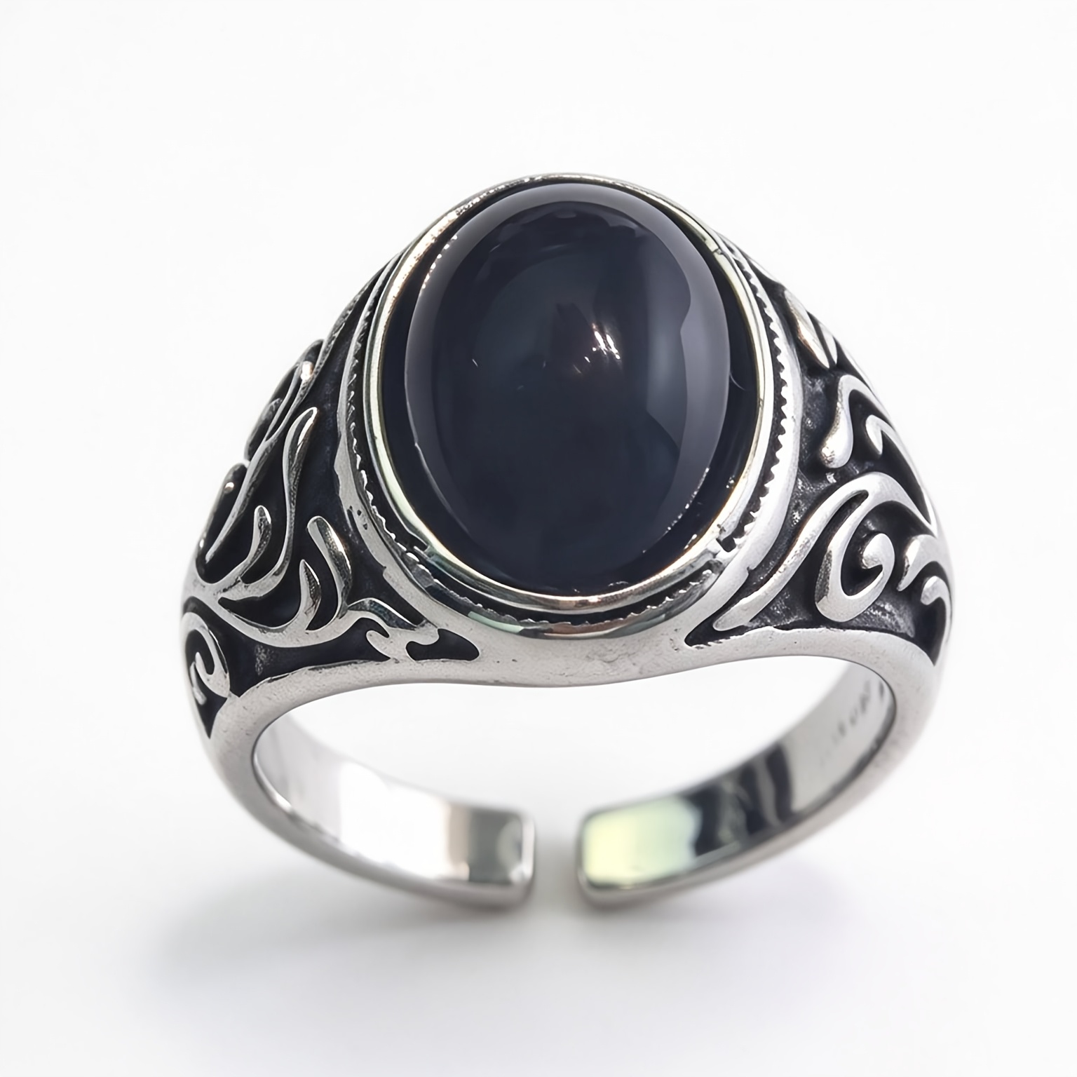 TEMU Retro Carved Oval Black Inlay Statement Ring, Adjustable Open Finger Ring, Unisex Trendy Fashion Jewelry For Men And Women, Without Battery