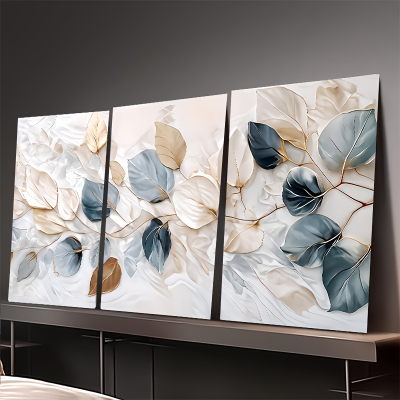 TEMU Plat 2D, 3pcs Tableaux Muraux Encadrés Feuilles Modernes Minimalistes - Cadre Élégant Adapté pour Panneaux Feuilles Bleu et Beige, Panneaux sur