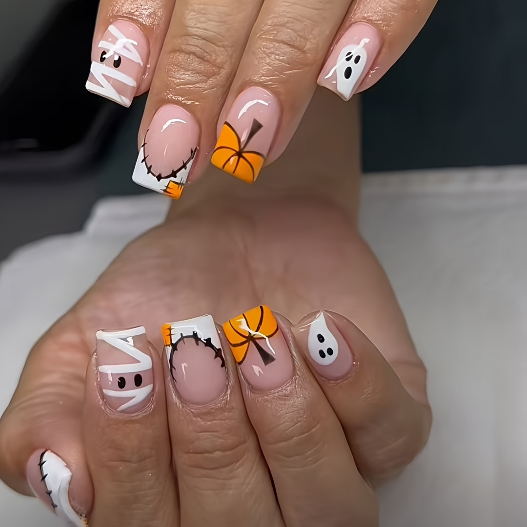 TEMU A Set Of 24 Short Square-shaped Halloween-themed Press-on Nails Featuring Elements Like White , , And Yellow Pumpkins. This Full-cover Removable