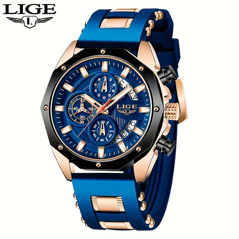 TEMU Men' Watch By Lige - Featuring A Quartz Electronic Movement, Alloy , Luminous Hands Display, Silicone Strap, Date Function, Blue/black Color
