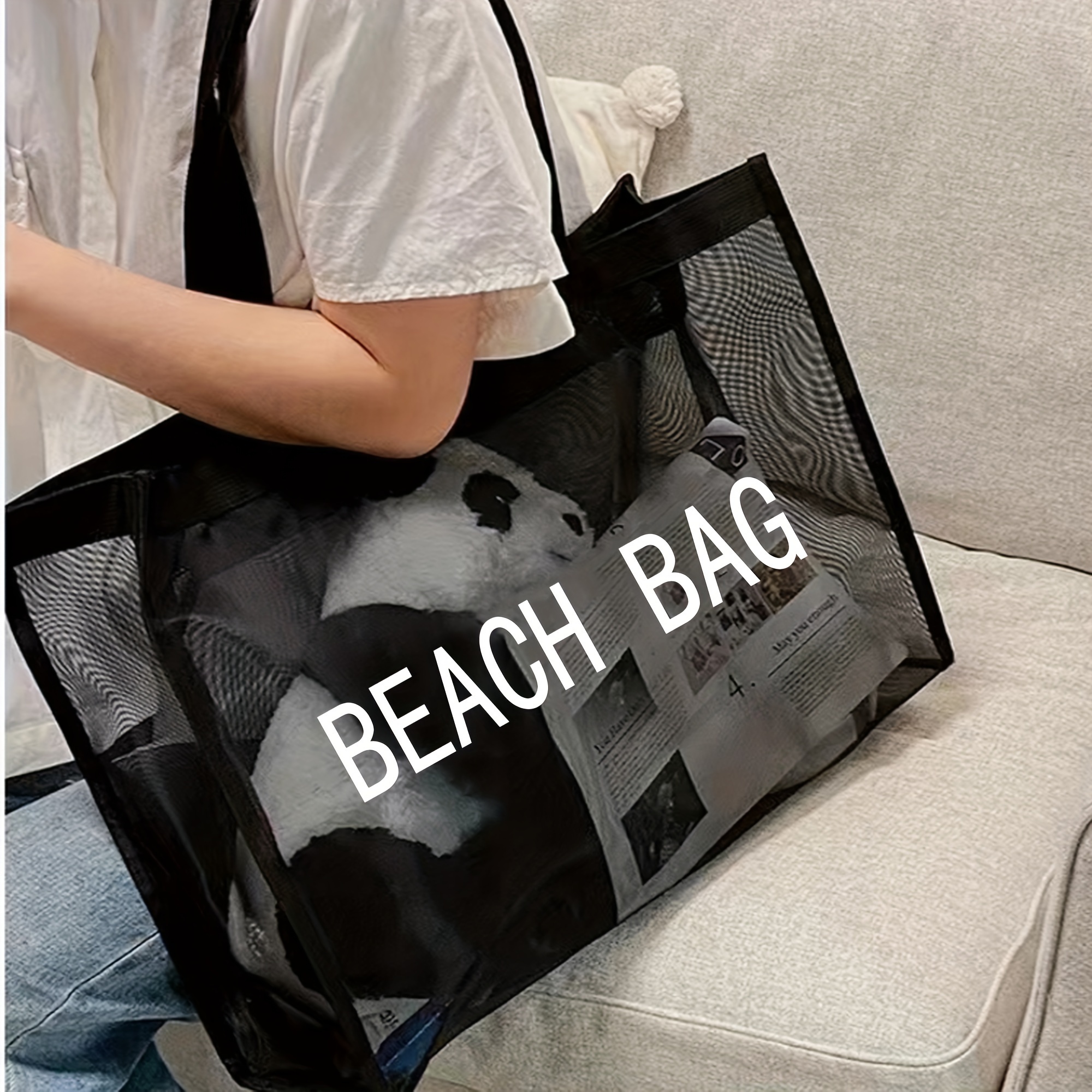 

Letter Print Mesh Beach Bag, Fashion Large Shoulder Bag, Tote Bag Suitable For Work And School Shopping, Suitable For Weddings, Shopping, Beaches, And Travel