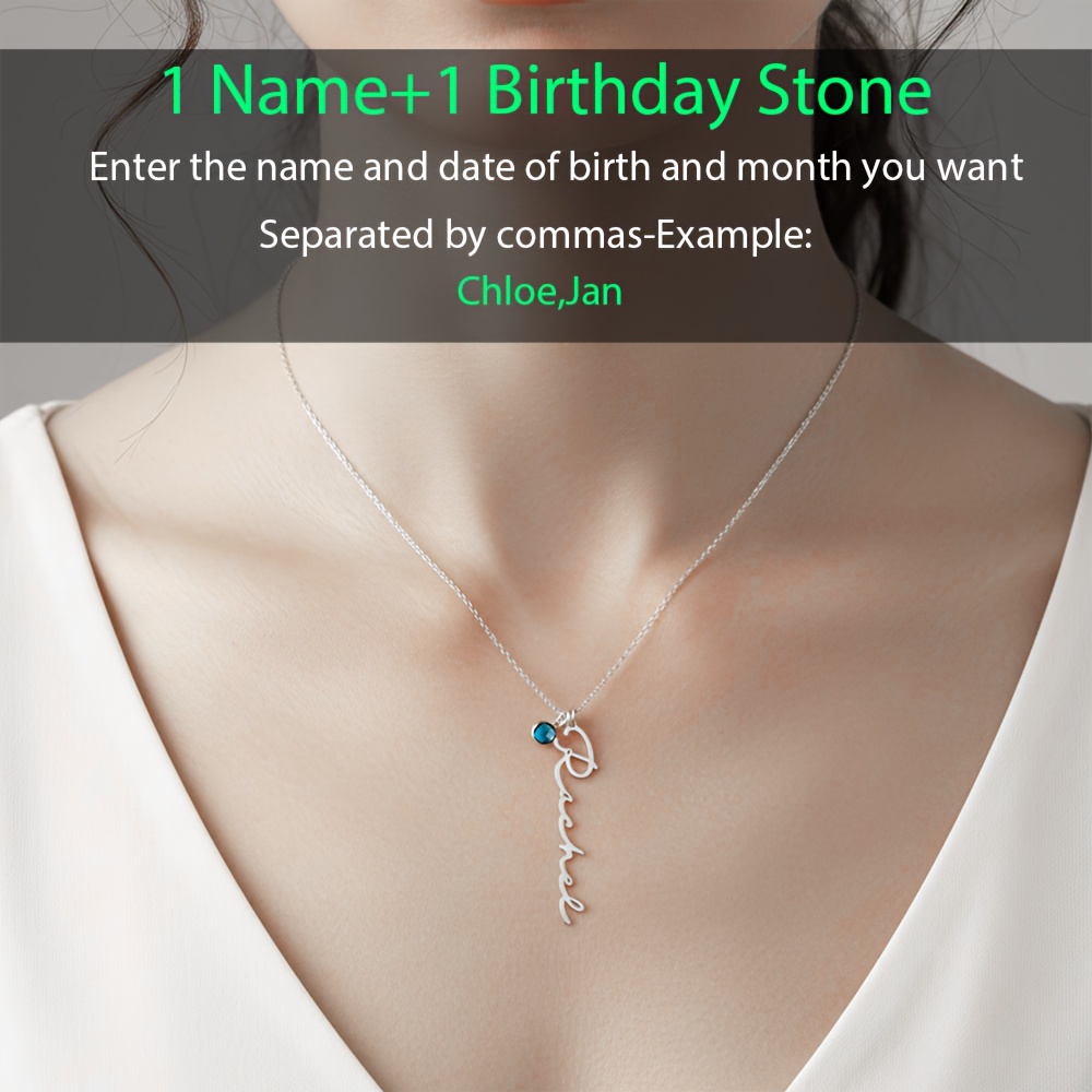 Women's Personalized Vertical Name Necklace with Birthstone Pendant