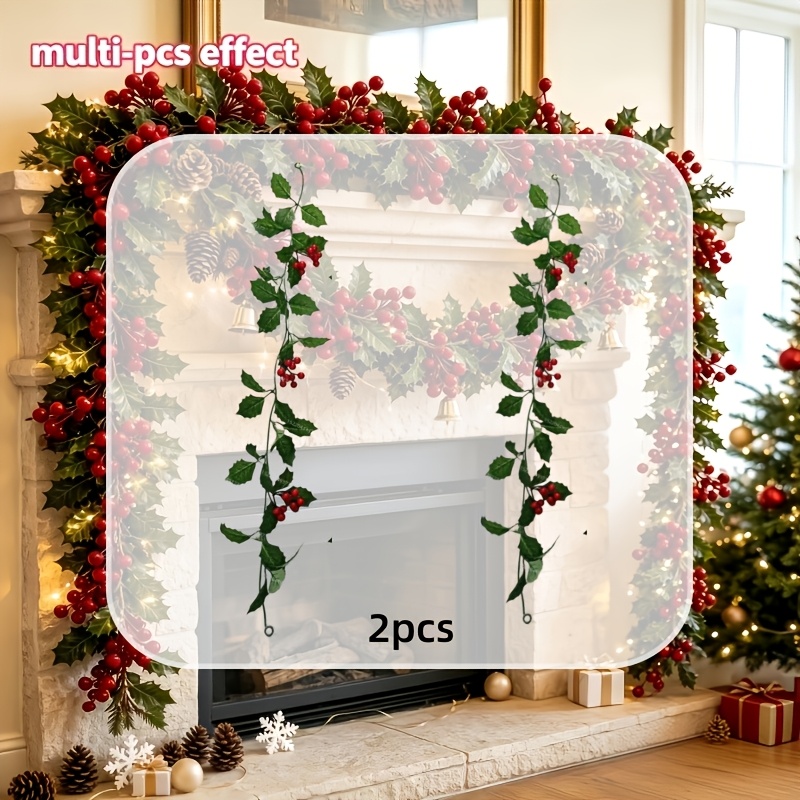 TEMU New Christmas Extra-long Artificial Holly Snowy Leaf - 2pcs, Suitable For Christmas And Halloween Decorations, Decorating Fireplaces, Door