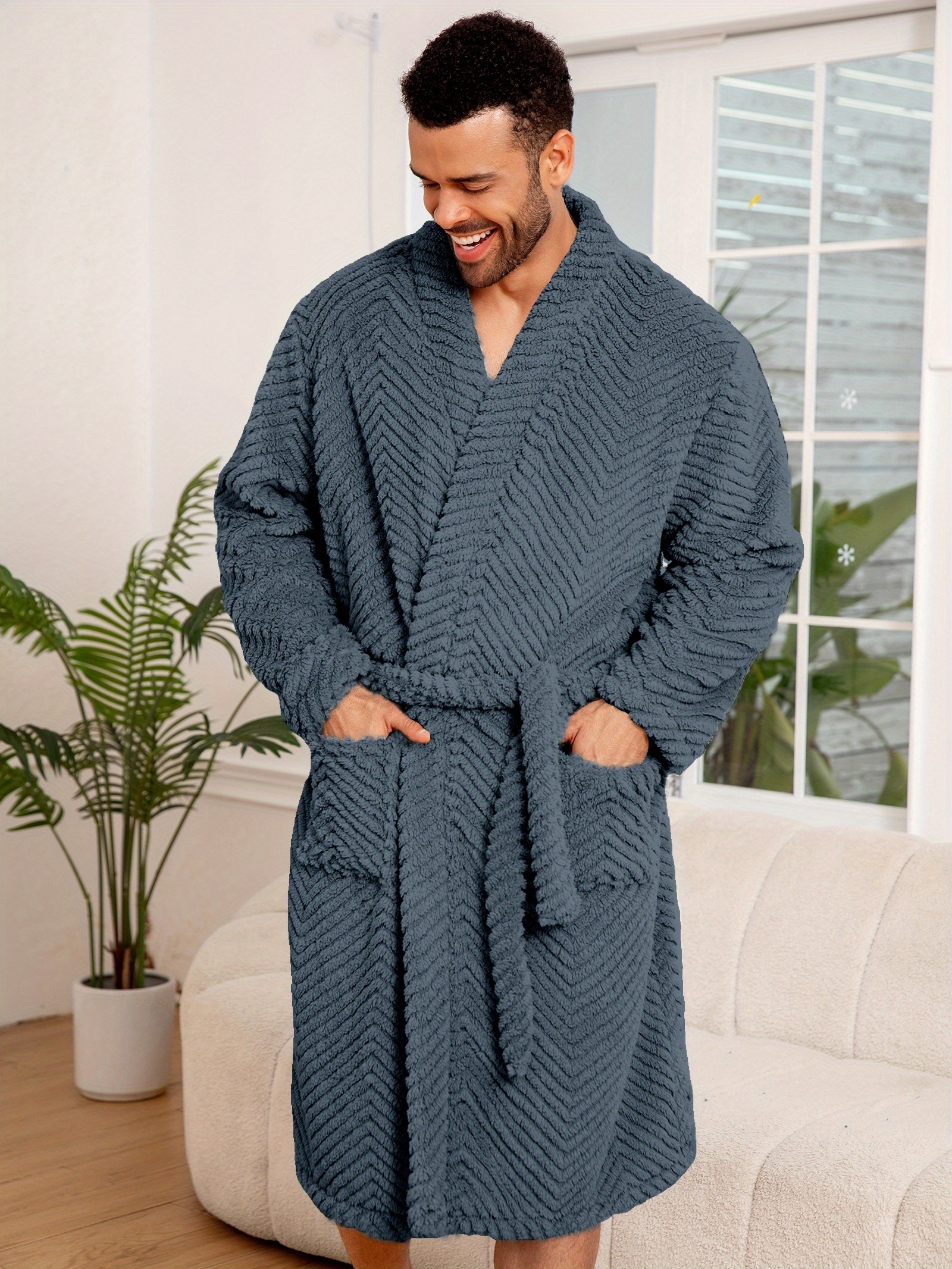 Men'S Plus Size Thickened Warm Flannel Robe - Soft Plush Fleece Long Sleeve & Pants, V-Neck Casual Bathrobe with Belt, Cozy Fall/Winter Home Wear for Men, Plus Size Sleepwear For Men