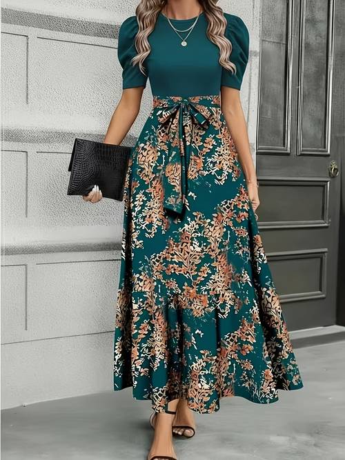 an elegant floral waist defining long dress for women suitable for light business and occasions like weekend afternoon tea exuding a sophisticated and high quality atmosphere