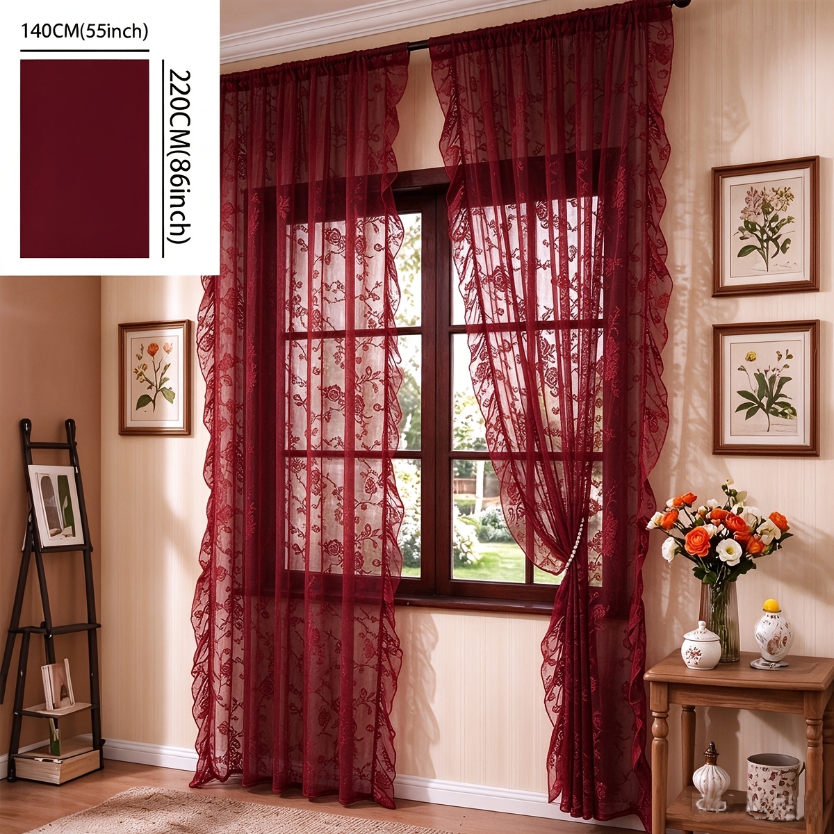 TEMU 1pc Retro Caramel Orange Beige Burgundy Floral Embroidery Sheer Curtain, Scalloped Edge Translucent Window Scarf, Living Room Bedroom Bay Window