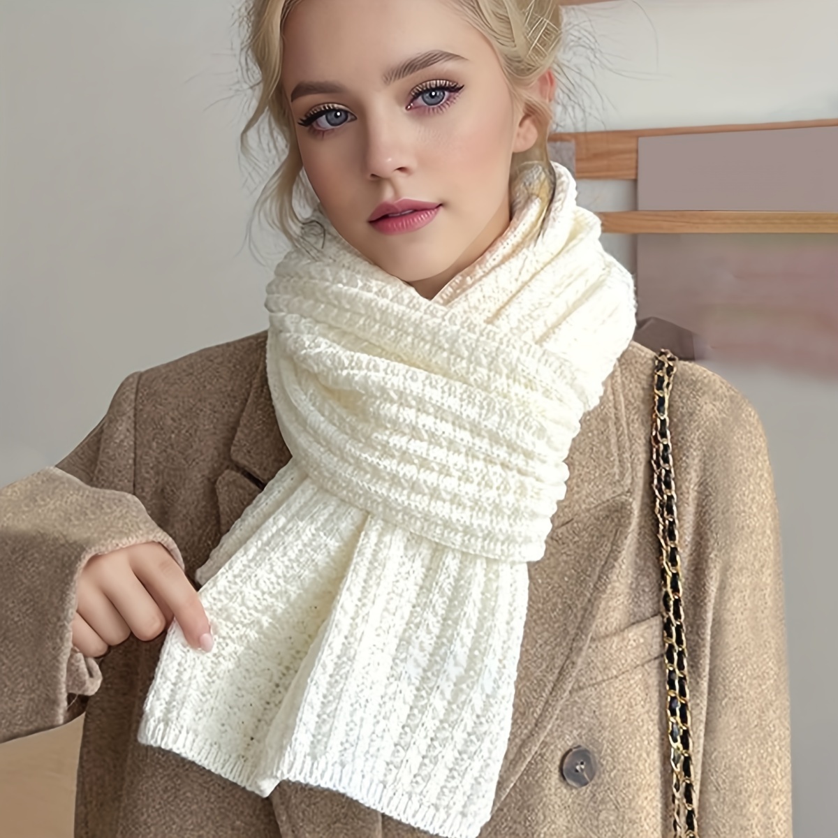 

1pc Elegant Knitted Polyester Scarf, Warm Shawl Collar, Solid Color, Decorative & , Non-elastic, With Machine Washable For , Fashionable Autumn/winter Accessory