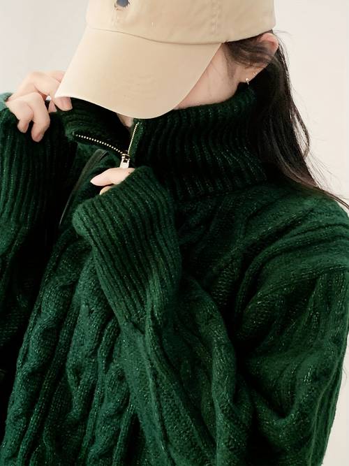 womens korean inspired half zip high neck cable sweater emerald green medium stretch layering essential solid color hand clean sweater versatile fashion mediumstretch fabric