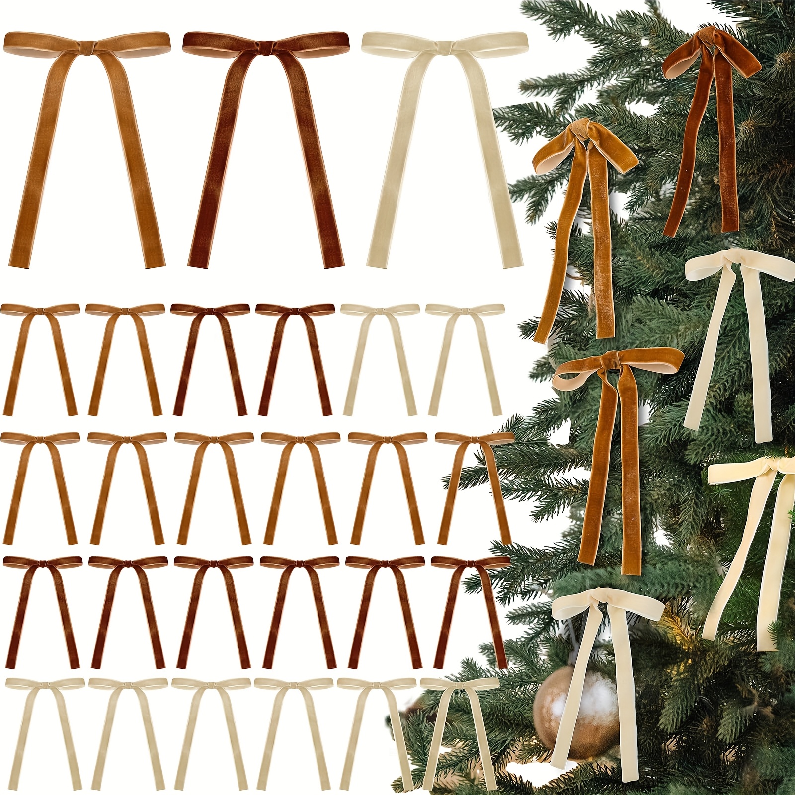 

24/48pcs Velvet Christmas Tree Bows - Rustic Holiday Decorations, Vintage Ribbon Bows For & Thanksgiving, No Electricity Needed, Easy Hanging Design, Brown/khaki/, 5x7 Inch