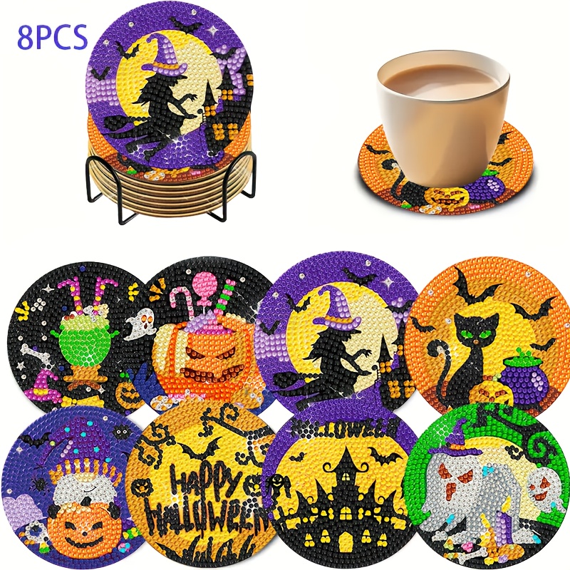 TEMU Kit DIY 8 pièces de Tablettes de Tasse en Art Diamant Halloween, avec Support, Tablette pour Boissons, Tablette de Table, Tablette -Dérapante,