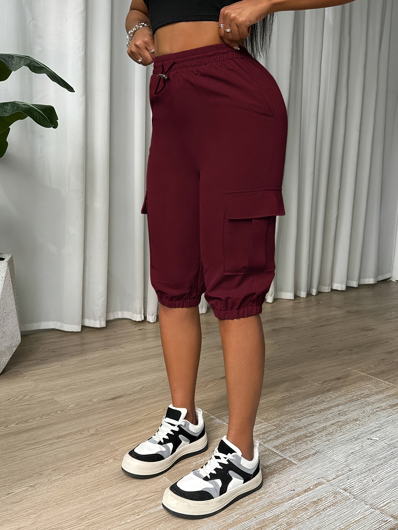 women' pink cargo capri pants elastic waistband - Temu