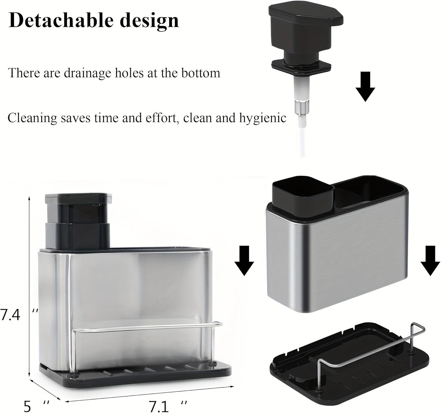 3 in   organizer rack with soap dispenser sponge holder drain stainless steel lead free freestanding design for dishwashing essentials details 4