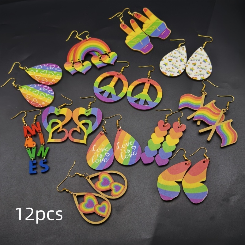 6/12 Pairs Rainbow Theme Wooden Earrings Set, Bright Designs