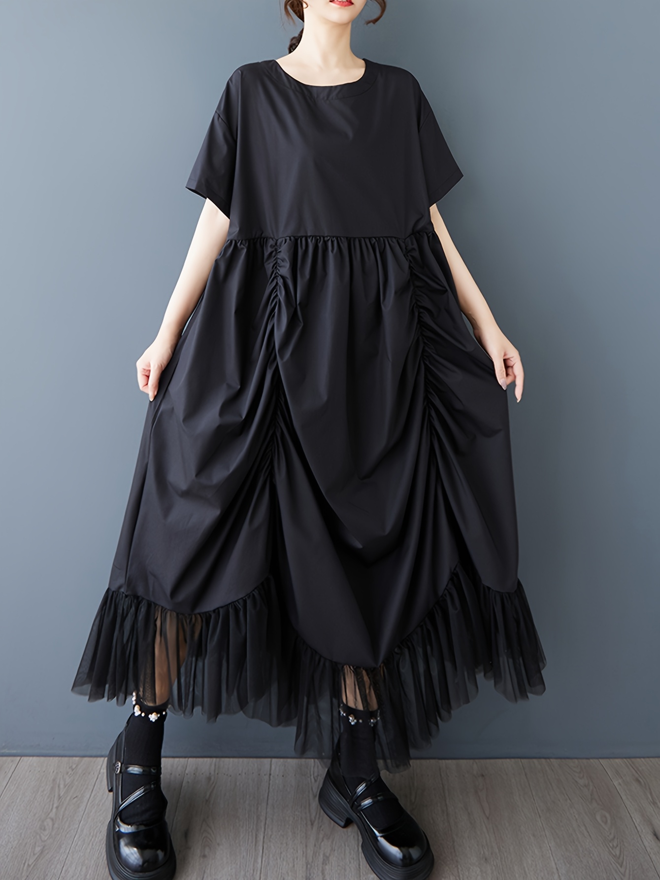 irregular mesh stitching dress summer new dark style dress fashion pleated loose stitching