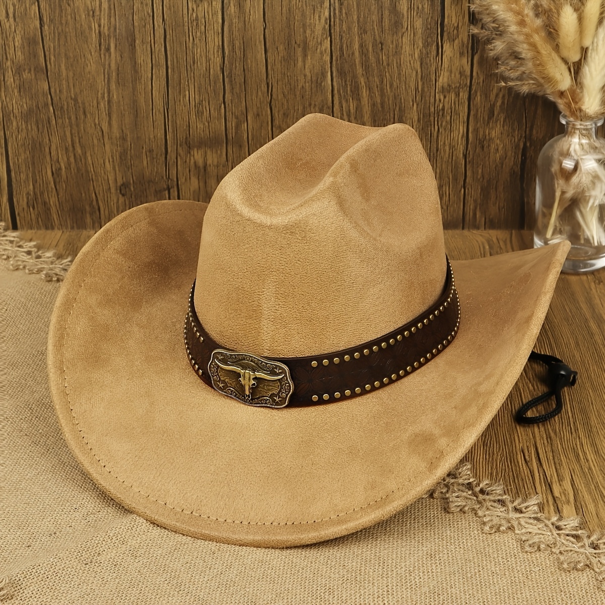 TEMU 1pc Vintage Western Cowboy Hat Men Women Easy Suede Velvet Wide Brim Cowboy Hat, Adjustable Rope, Retro Exquisite Carved Rivet Inlaid Belt