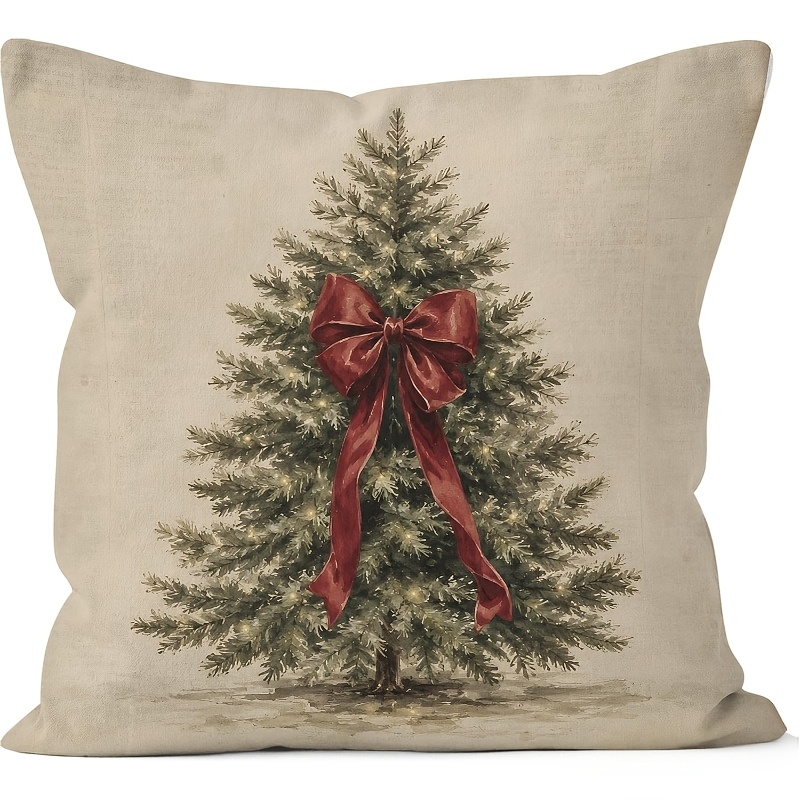 TEMU 2d Flat - 1pc 2d Flat Printing Retro Distressed Beige Background Red Velvet Big Bow Christmas Tree Pattern Printed Pillowcase, Rustic Elegant
