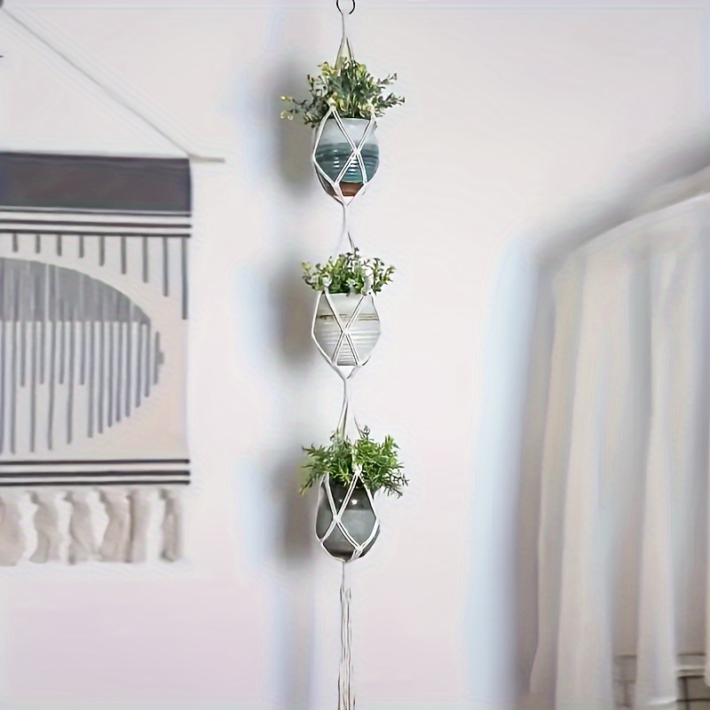 

Boho-chic 3-tier Macrame Plant Hanger With Beads - Indoor/outdoor Hanging Planter Basket For Home & Garden Decor, Cotton Rope, Pots Up To 2 Plants, Ideal For Living Room, Balcony, Or Office