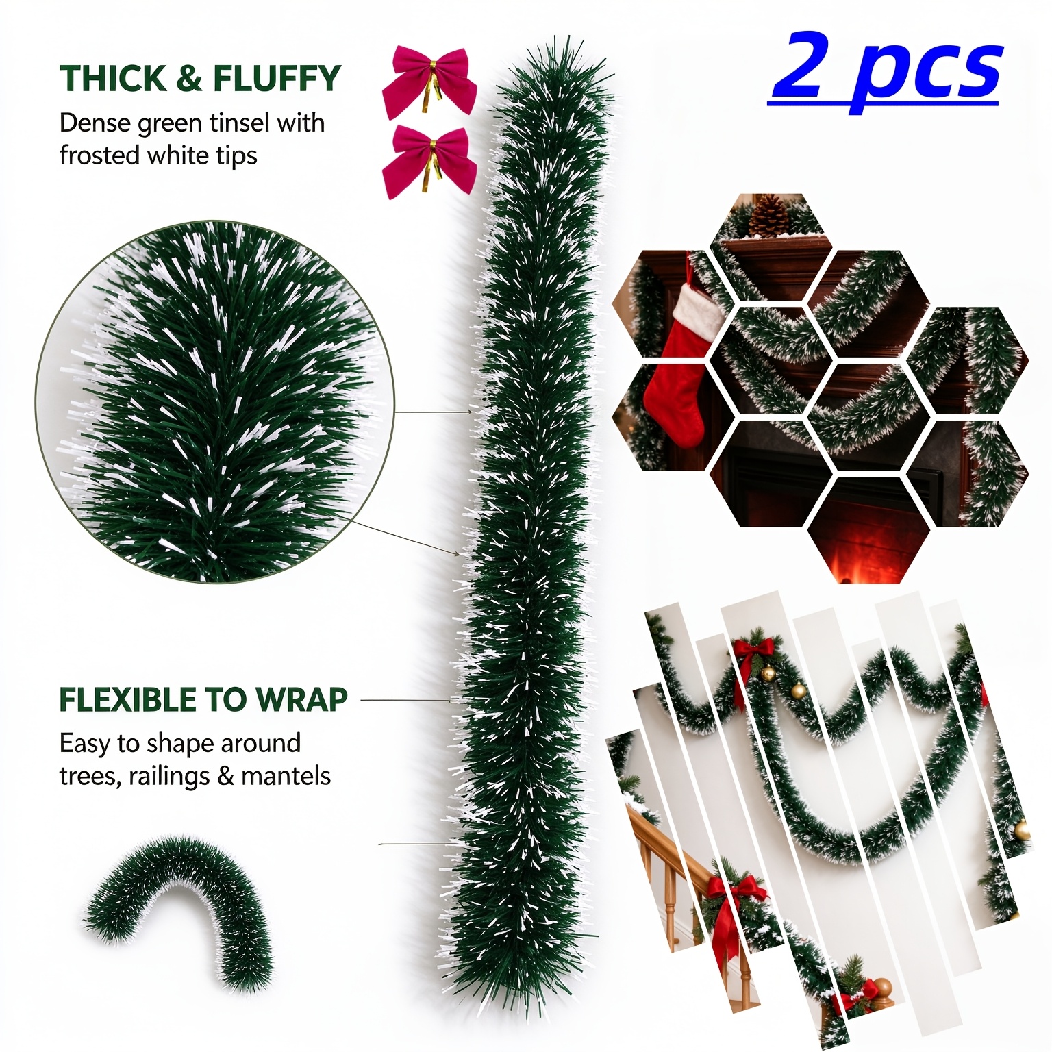 TEMU 12 Meters = 2 Extra-long Festive Party Decorative Garlands With 2 Bows, Home Kitchen Supplies, Suitable For Front Doors, Living Rooms,