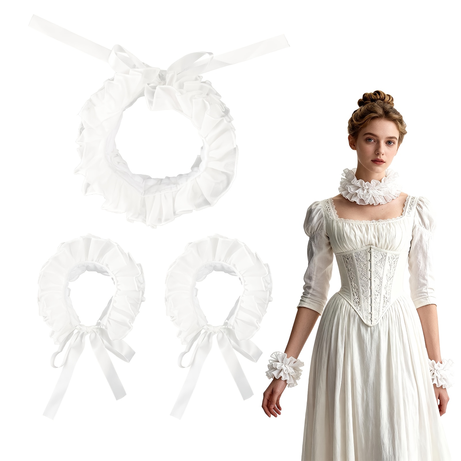 TEMU 3pcs Women's Decorative Arm Sleeves, Renaissance Period Neckline And Wrist Set, Elizabethan Layered Collar, Costume Accessories