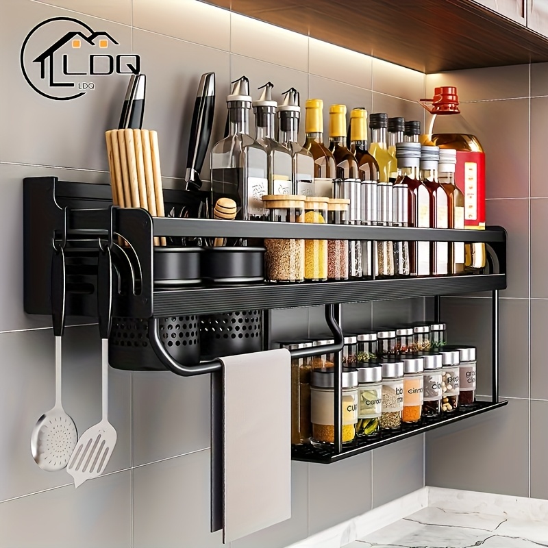 1pc ldq no drill double layer wall mounted storage rack carbon steel kitchen organizer with hooks for spices utensils household items space saving multifunctional rack for home commercial kitchens kitchen storage rack sleek   sturdy construction 0