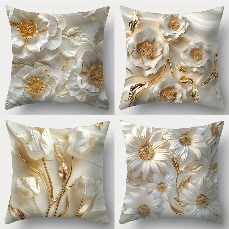 

4pcs New 3d Floral White Gold-plated Creative Pillowcases, 17.72 * 17.72, Suitable For Living Room Sofas, Beds, Bedrooms, Home Decoration, No Pillow