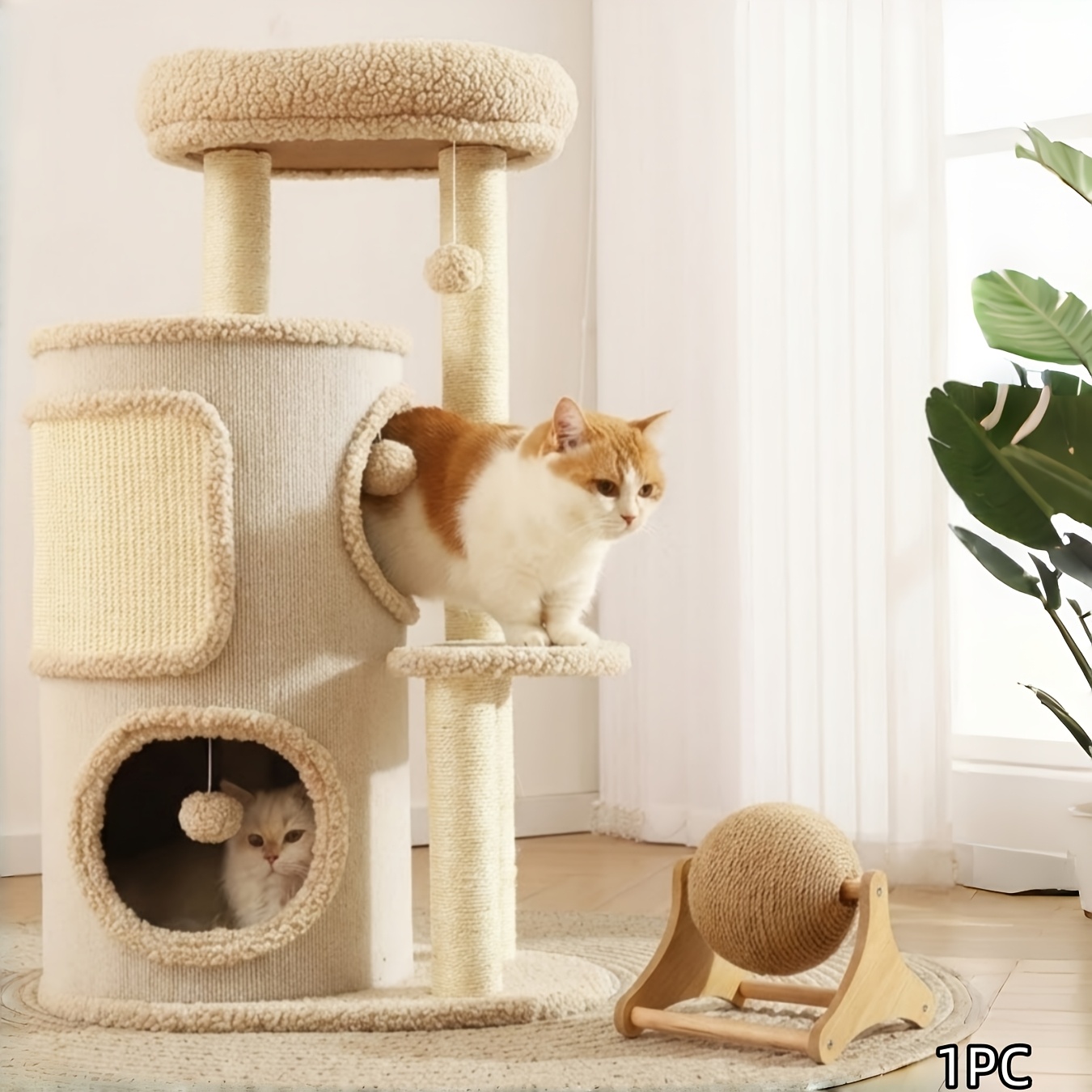 TEMU Natural Sisal Cat Scratching Post With Rotating Scratching Board - Interactive Claw Suitable For Indoor Cats & Kittens, Durable Sisal Rope