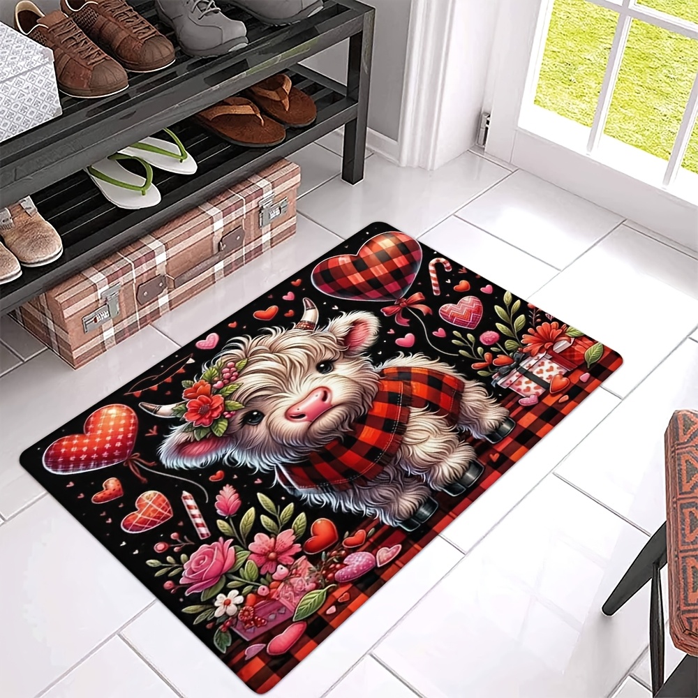 

Valentine's Day Themed Non-slip Door Mat - Washable Flannel Rug With Highland Cow, Balloon & For Living Room, Bedroom, Bathroom - Indoor Decor, Thanksgiving &