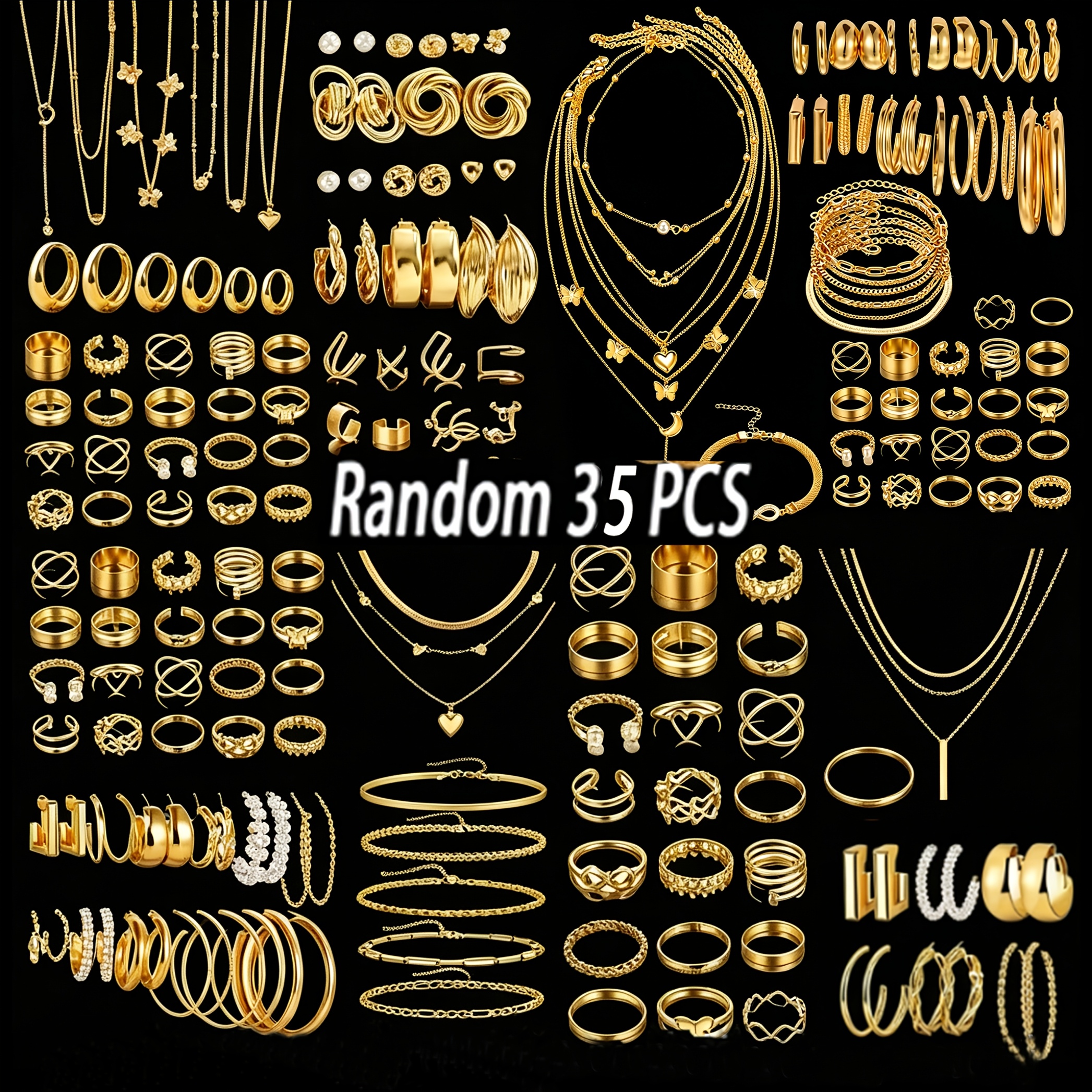 TEMU Random 35pcs Fashionable, Simple, And Elegant Bohemian Style Women's Earrings, Necklace, And Ring Jewelry Set, Featuring Heart, , Geometric, And