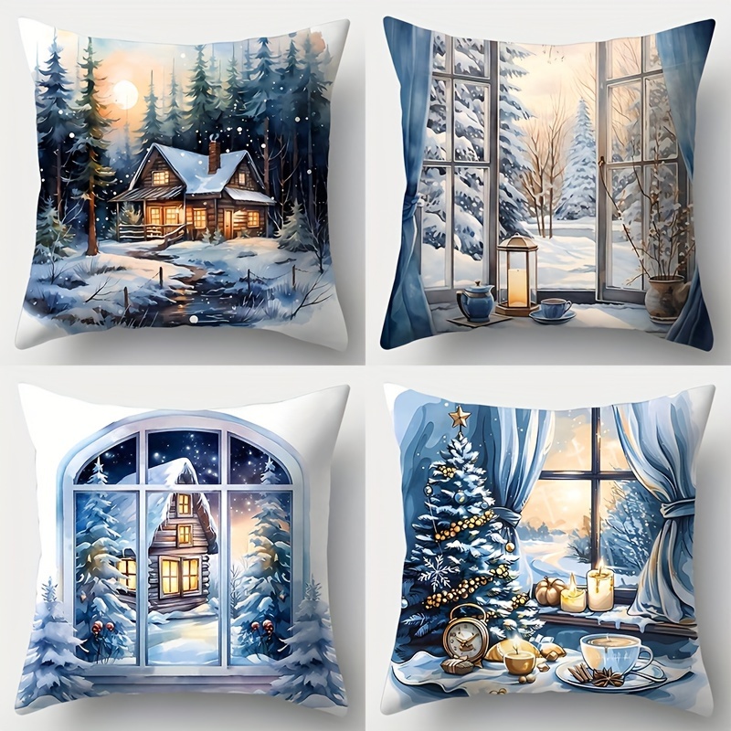 

4pcs Set, Christmas Pillowcase, 17.7 Inches * 17.7 Inches, Single-sided Printing, Winter Snow Scene, Snow Scene Pillowcase, Christmas Decoration, Sofa Pillowcase, Pillowcase Without Pillow