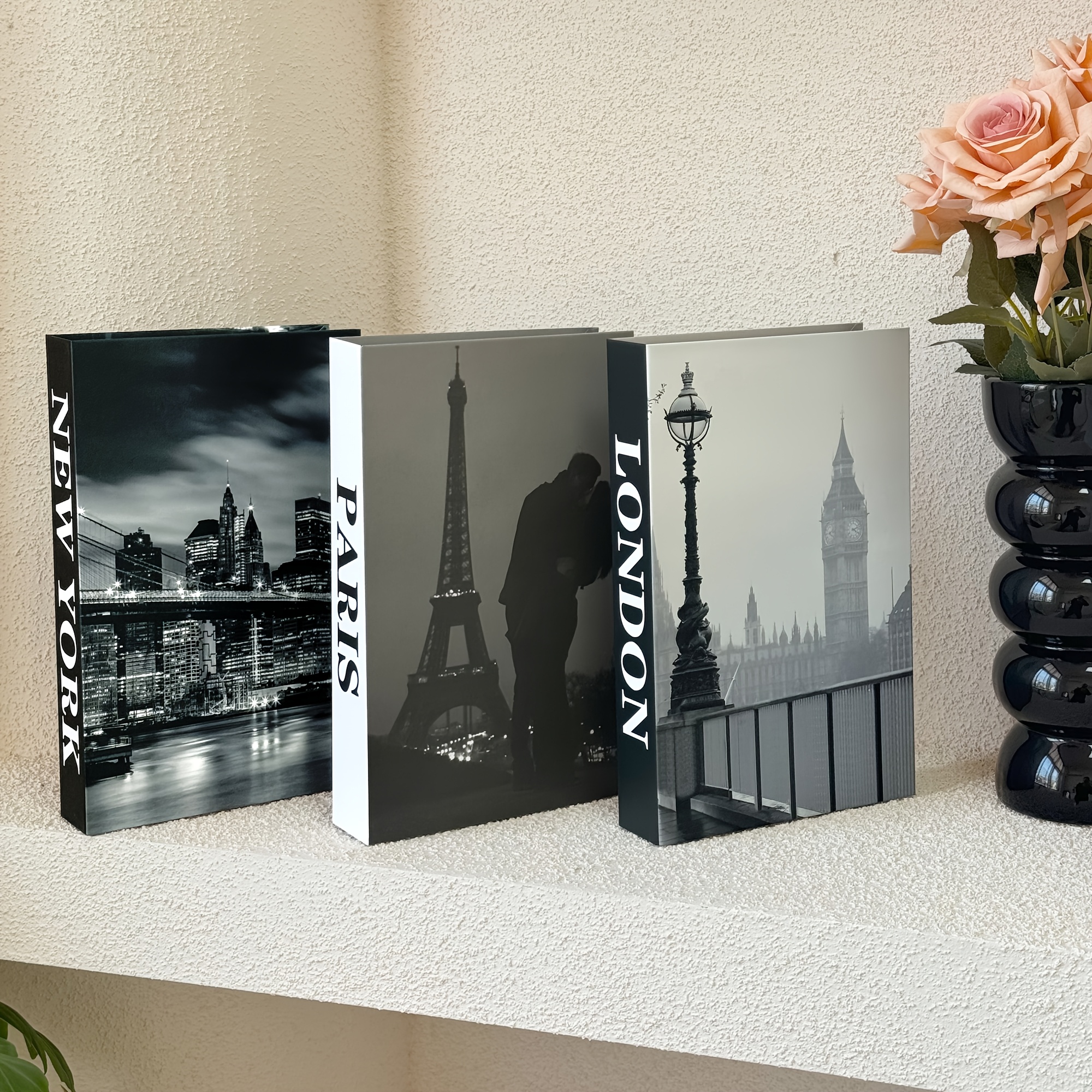 TEMU 3pcs Art Fake Books Set, Non-waterproof Paper Decorative Books With Clip-on Closure, Rectangle Shape, Ideal For Arts & Crafts, Home & Hotel