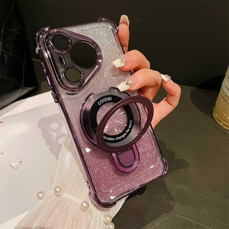 Luxury Electroplated PC Phone Case with Holder, Air Cushion, Wireless Charging for Huawei P70 - Anti-Drop Protective Shell with HD Lens Film_voghion.com