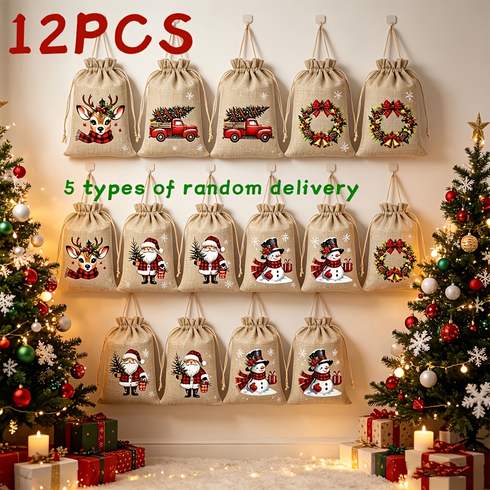 TEMU Regalo para Ella/Él, Paquete de 12 Bolsas de Regalo Navideñas de Arpillera, Bolsas de Regalo de Navidad, Bolsas Reutilizables con Cordón, 5