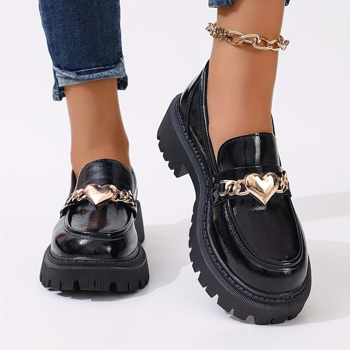 women's platform loafers heart chain accents stylish round