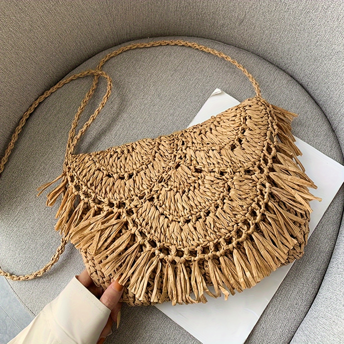 

Chic Handmade Crochet Tassel Beach Bag - Casual Crossbody Woven Shoulder Purse, Khaki, Plastic, Tsa Approved