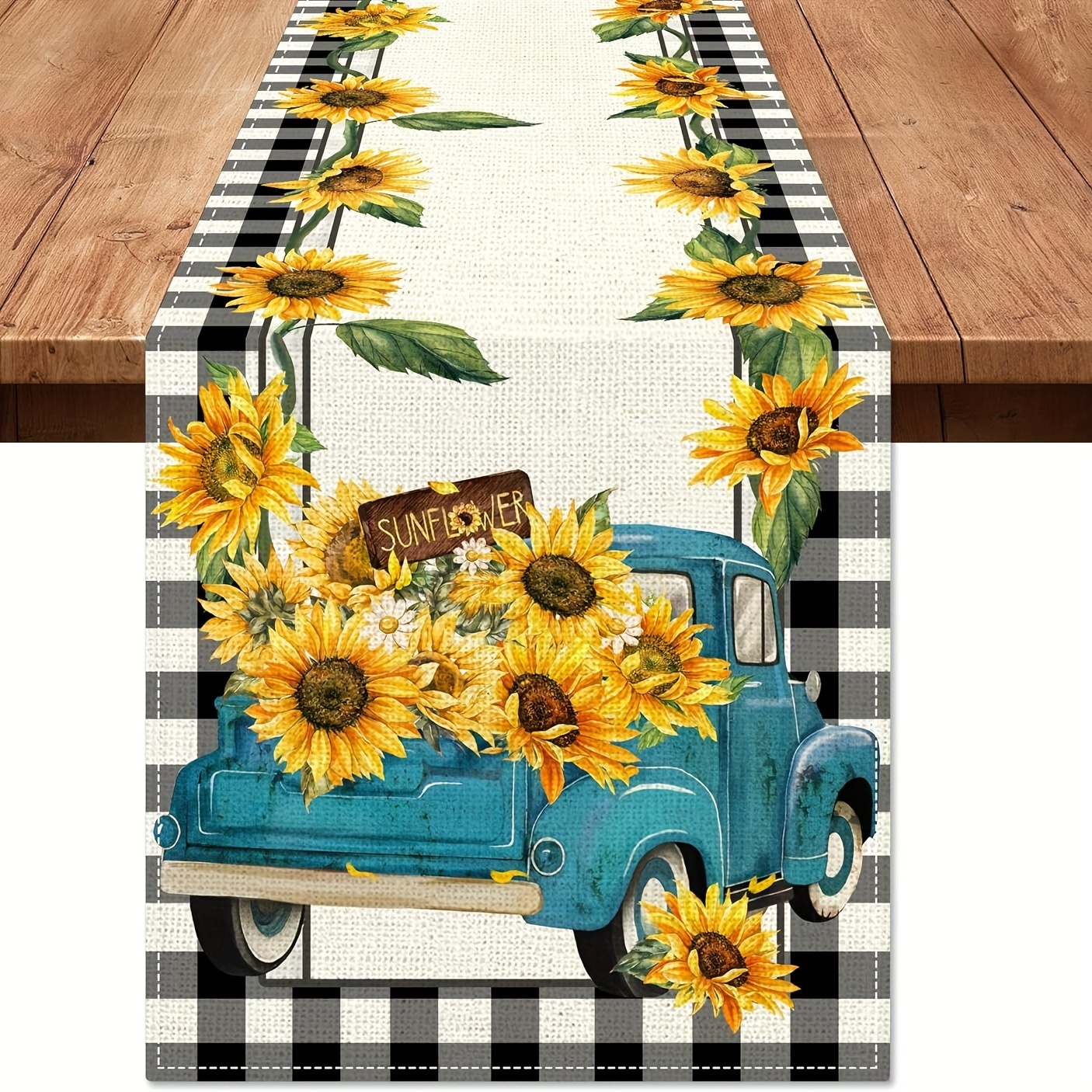 

1pc, Table Runner, Sunflowers And Blue Truck Printed Table Runner, Summer Theme , Dustproof & Table Runner, Home Party Decor, Dining Table Decoration, Aesthetic Room Decor