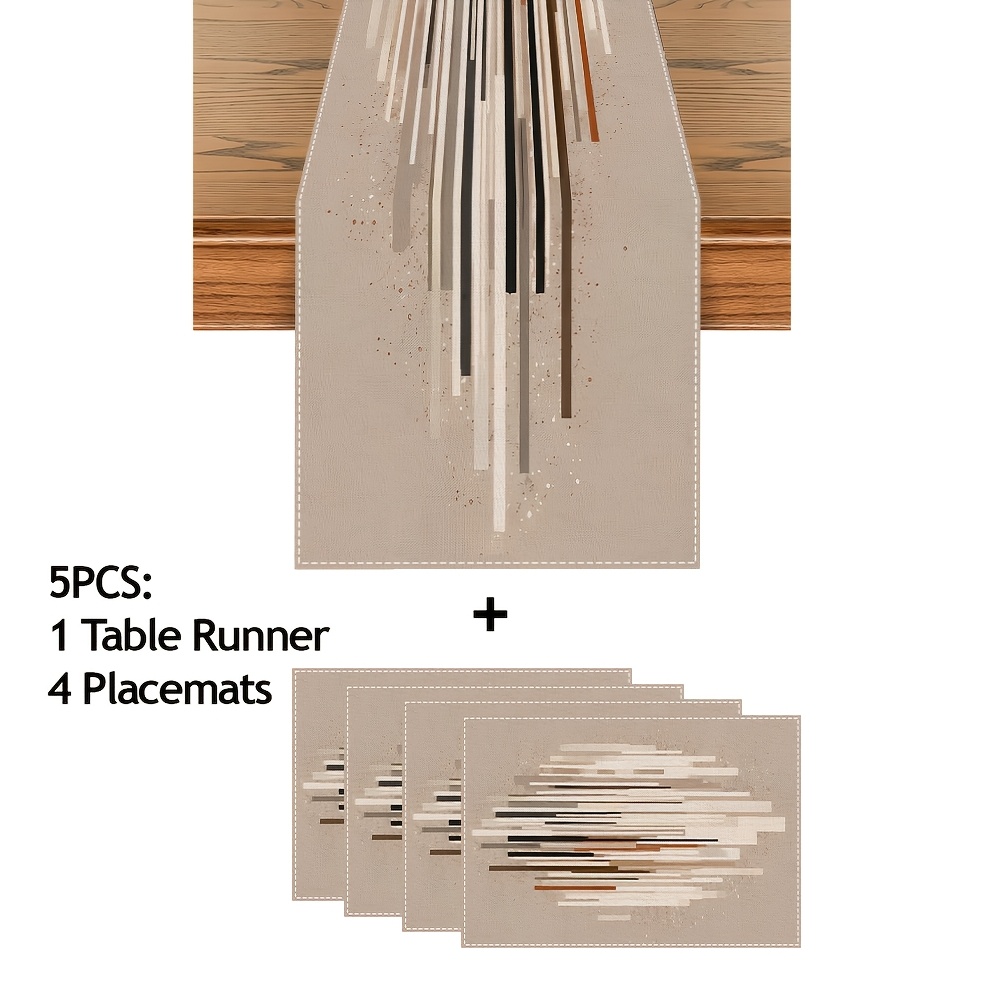 TEMU 5/7pcs, Modern Abstract Neutral Tone Table Runner & Placemat Set, Minimalist Linear Gradient Print In Earthy Beige, , Contemporary Farmhouse