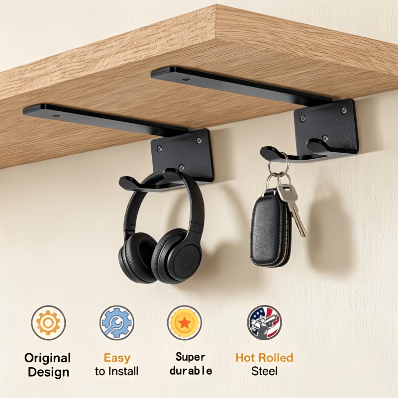 2pcs Black Metal Hidden L-Shaped Brackets/Multi-Functional Supports with Hooks (Thickened), Floating Hidden Shelf Brackets, Heavy-Duty Iron Supports, Shelf Board Brackets, Industrial L-Shaped Racks, Iron Rack Brackets